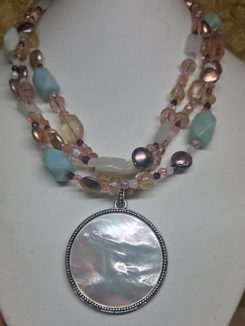 Multi-Strand Pink Freshwater Pearl & Amazonite Necklace Mother-of-Pearl Pendant